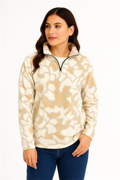KADIN Yarım Fermuarlı Desenli Polar Sweat Yakalı, Uzun Kollu, Oversize Rahat Kalıp - Bej