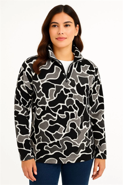 KADIN Yarım Fermuarlı Desenli Polar Sweat Yakalı, Uzun Kollu, Oversize Rahat Kalıp - Siyah