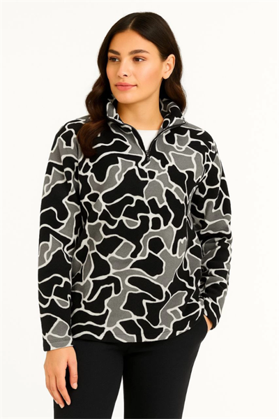 KADIN Yarım Fermuarlı Desenli Polar Sweat Yakalı, Uzun Kollu, Oversize Rahat Kalıp - Siyah