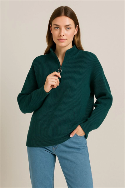 KADIN Yarım Fermuarlı Triko Kazak – Selanik Örgü, Dik Yaka, Pamuklu Dokuma, Oversize Uzun Kollu Kışlık Model - Haki