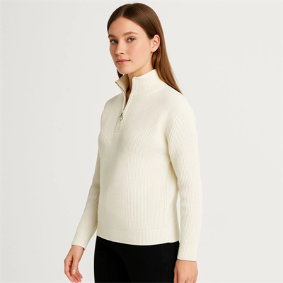 KADIN Yarım Fermuarlı Triko Kazak – Selanik Örgü, Dik Yaka, Pamuklu Dokuma, Oversize Uzun Kollu Kışlık Model - Beyaz