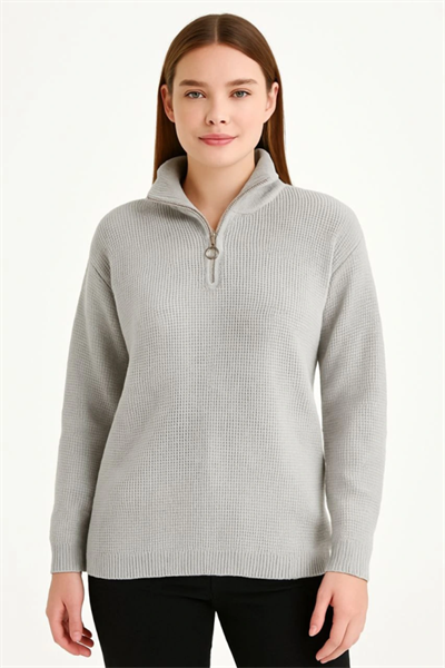 KADIN Yarım Fermuarlı Triko Kazak – Selanik Örgü, Dik Yaka, Pamuklu Dokuma, Regular Fit Uzun Kollu Kışlık Model - Gri