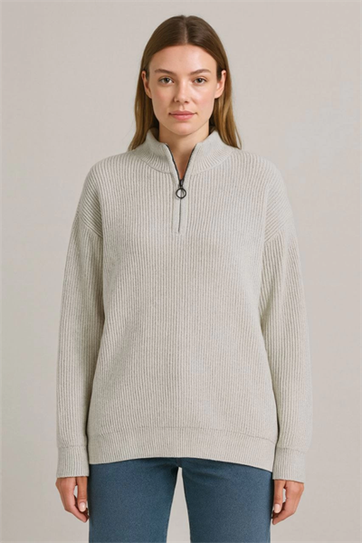 KADIN Yarım Fermuarlı Triko Kazak – Selanik Örgü, Dik Yaka, Pamuklu Dokuma, Oversize Uzun Kollu Kışlık Model - Gri