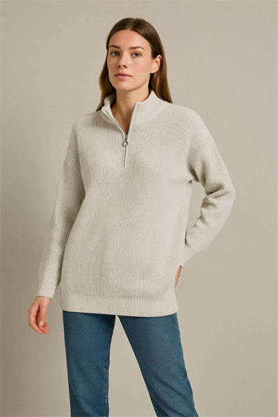 KADIN Yarım Fermuarlı Triko Kazak – Selanik Örgü, Dik Yaka, Pamuklu Dokuma, Oversize Uzun Kollu Kışlık Model - Gri