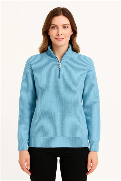 KADIN Yarım Fermuarlı Triko Kazak – Selanik Örgü, Dik Yaka, Pamuklu Dokuma, Oversize Uzun Kollu Kışlık Model - Bebe Mavisi