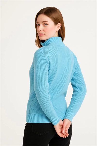 KADIN Yarım Fermuarlı Triko Kazak – Selanik Örgü, Dik Yaka, Pamuklu Dokuma, Oversize Uzun Kollu Kışlık Model - Bebe Mavisi
