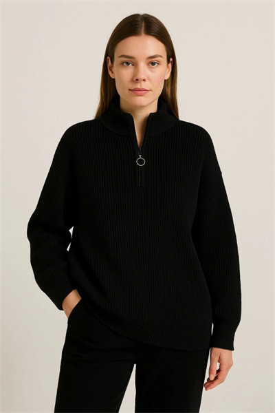 KADIN Yarım Fermuarlı Triko Kazak – Selanik Örgü, Dik Yaka, Pamuklu Dokuma, Oversize Uzun Kollu Kışlık Model - Siyah