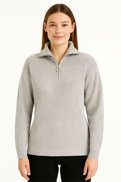 KADIN Yarım Fermuarlı Triko Kazak – Selanik Örgü, Dik Yaka, Pamuklu Dokuma, Regular Fit Uzun Kollu Kışlık Model - Gri