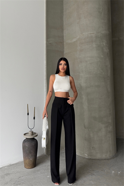 KAPALI GENİŞ PİLE CEP KAPAK DETAYLI PANTOLON - Siyah