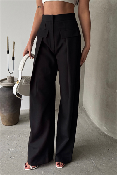 KAPALI GENİŞ PİLE CEP KAPAK DETAYLI PANTOLON - Siyah