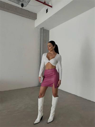 KAPİTONE DERİ ETEK YIRTMAÇLI - Fuşya