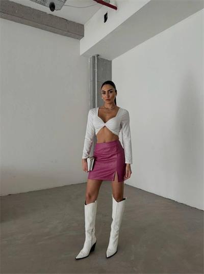 KAPİTONE DERİ ETEK YIRTMAÇLI - Fuşya