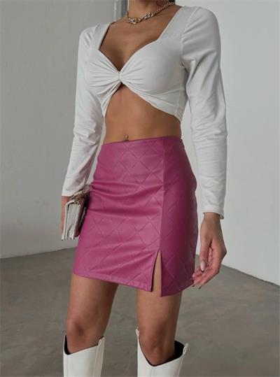 KAPİTONE DERİ ETEK YIRTMAÇLI - Fuşya