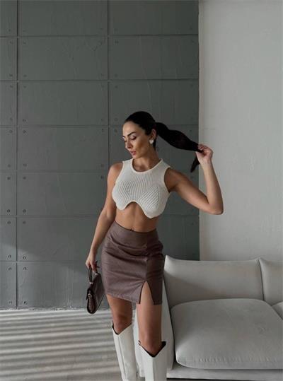 KAPİTONE DERİ ETEK YIRTMAÇLI - Kahverengi