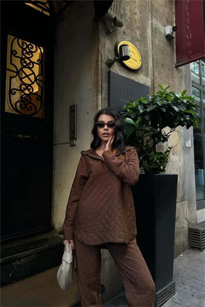 KAPİTONE KAPİŞONLU EŞOFMAN TAKIM - Kahverengi