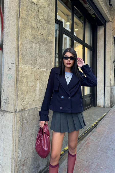 KAŞE CROP 4 DÜĞME CEKET - Lacivert