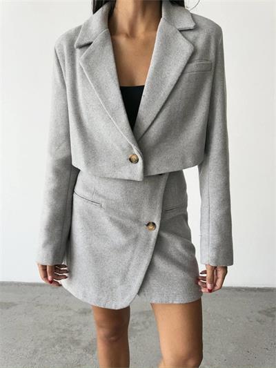 KAŞE CROP CEKET - DÜĞME DETAYLI KISA ETEK TAKIM - Gri