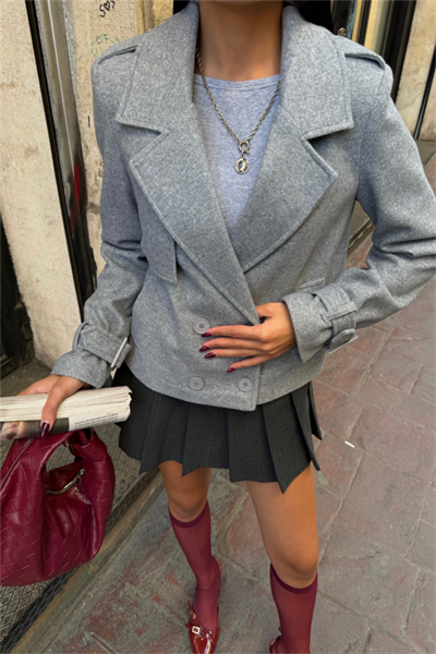 KAŞE CROP CEKET 4 DÜĞME - Gri