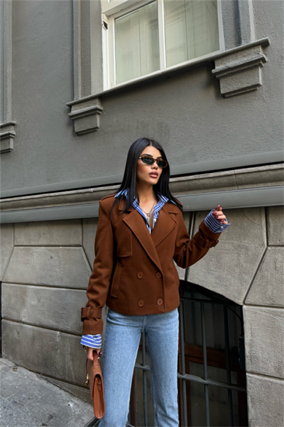 KAŞE CROP CEKET 4 DÜĞME - Kahverengi