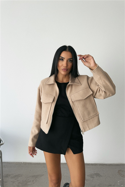 KAŞE CROP CEKET ÖNDEN FERMUARLI - Bej