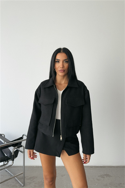 KAŞE CROP CEKET ÖNDEN FERMUARLI - Siyah