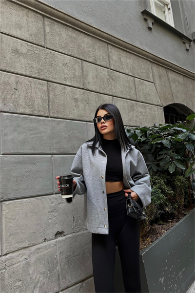 KAŞE GÖMLEK CEKET YANDAN CEP DETAYLI - Gri