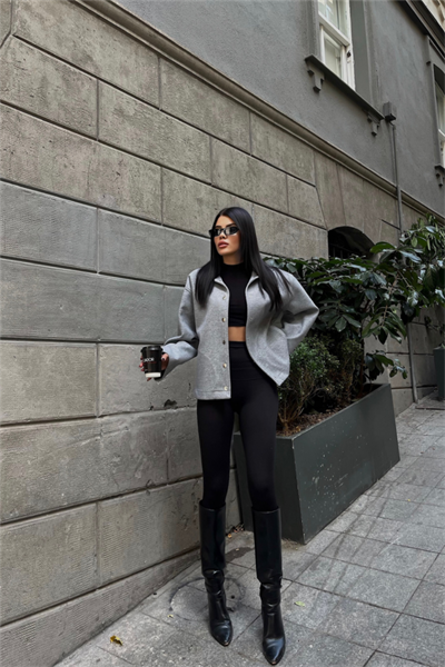 KAŞE GÖMLEK CEKET YANDAN CEP DETAYLI - Gri