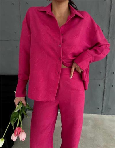 KENDİNDEN DESENLİ JAKARLI TAKIM - Fuşya