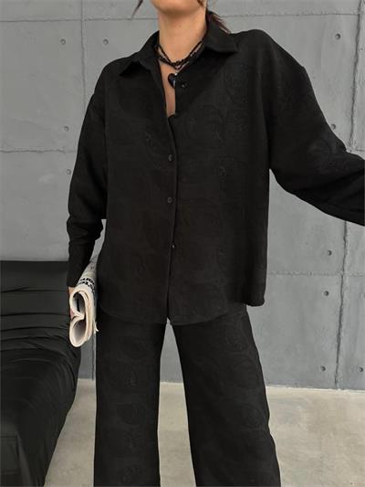 KENDİNDEN DESENLİ JAKARLI TAKIM - Siyah