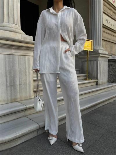 KENDİNDEN DESENLİ KRINKILL GÖMLEK - PANTOLON TK - Beyaz