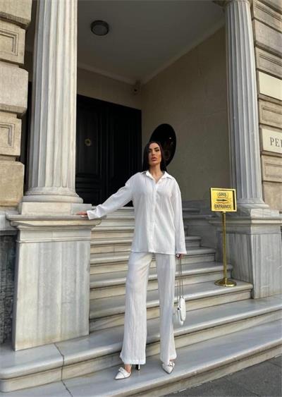 KENDİNDEN DESENLİ KRINKILL GÖMLEK - PANTOLON TK - Beyaz