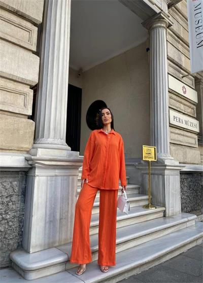 KENDİNDEN DESENLİ KRINKILL GÖMLEK - PANTOLON TK - Orange