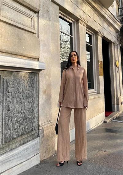 KENDİNDEN DESENLİ KRINKILL GÖMLEK - PANTOLON TK - Bej