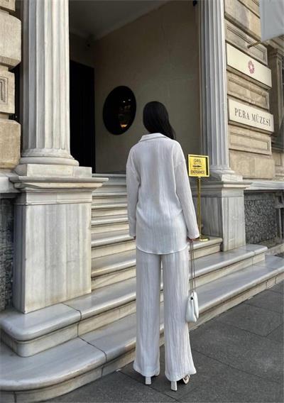 KENDİNDEN DESENLİ KRINKILL GÖMLEK - PANTOLON TK - Beyaz