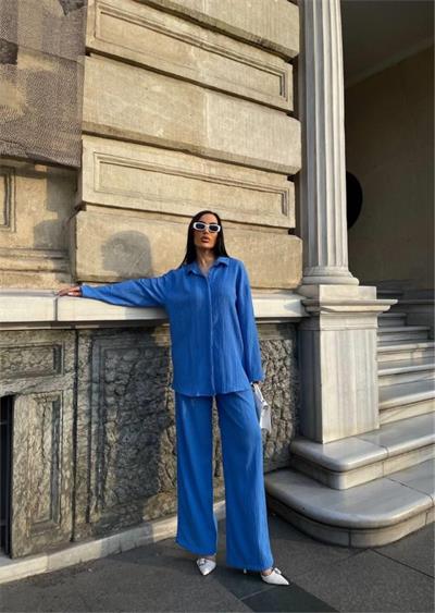 KENDİNDEN DESENLİ KRINKILL GÖMLEK - PANTOLON TK - Mavi