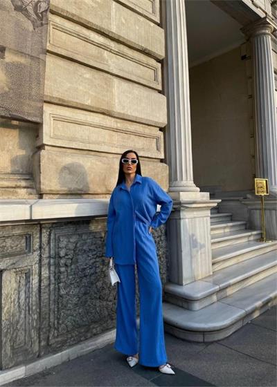 KENDİNDEN DESENLİ KRINKILL GÖMLEK - PANTOLON TK - Mavi