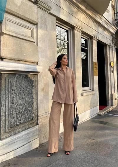 KENDİNDEN DESENLİ KRINKILL GÖMLEK - PANTOLON TK - Bej