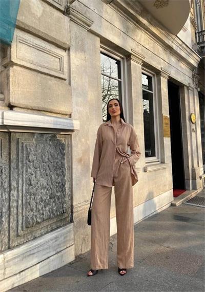 KENDİNDEN DESENLİ KRINKILL GÖMLEK - PANTOLON TK - Bej