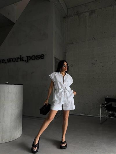 KETEN BAĞLAMALI KOLSUZ GÖMLEK - DUBLE PAÇA ŞORT TAKIM - Beyaz