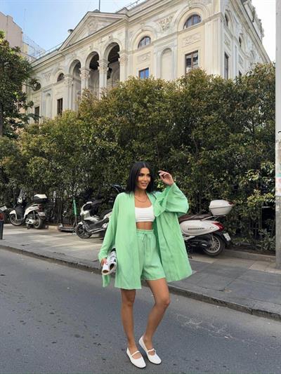 KETEN BAĞLAMALI KOLSUZ GÖMLEK - DUBLE PAÇA ŞORT TAKIM - Yeşil