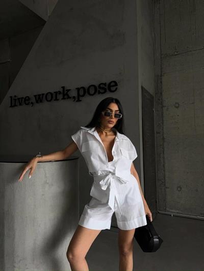 KETEN BAĞLAMALI KOLSUZ GÖMLEK - DUBLE PAÇA ŞORT TAKIM - Beyaz