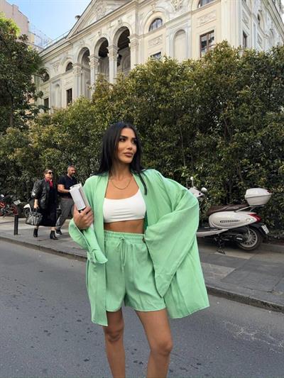 KETEN BAĞLAMALI KOLSUZ GÖMLEK - DUBLE PAÇA ŞORT TAKIM - Yeşil