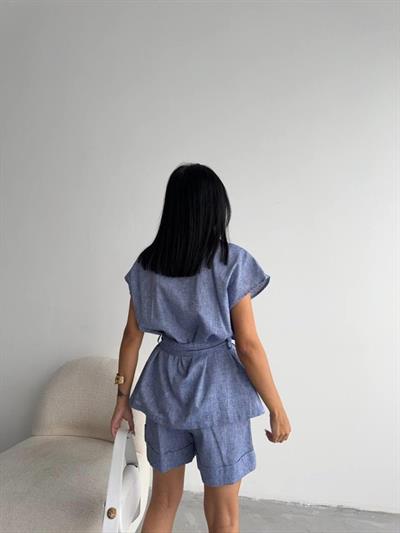 KETEN BAĞLAMALI KOLSUZ GÖMLEK - DUBLE PAÇA ŞORT TAKIM - Lacivert