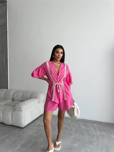 KETEN BEL BÜZGÜLÜ BLUZ-PANTOLON TAKIM - Fuşya