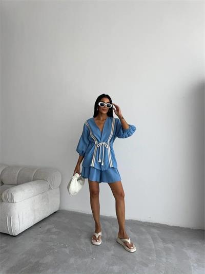 KETEN BEL BÜZGÜLÜ BLUZ-PANTOLON TAKIM - Mavi