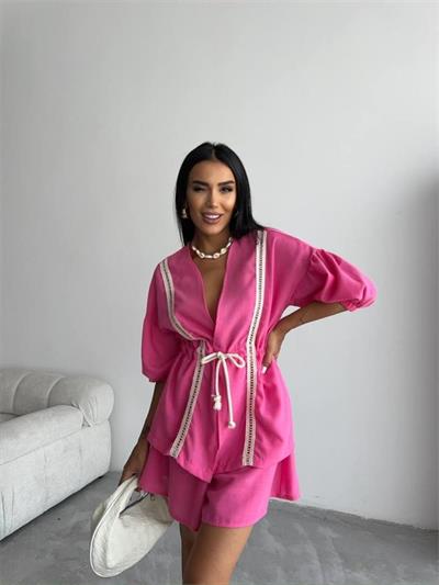 KETEN BEL BÜZGÜLÜ BLUZ-PANTOLON TAKIM - Fuşya