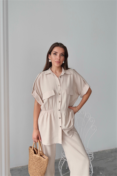 KETEN BELDEN BÜZGÜ DETAYLI GÖMLEK - PANTOLON TAKIM - Bej