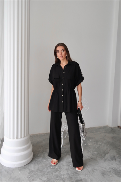 KETEN BELDEN BÜZGÜ DETAYLI GÖMLEK - PANTOLON TAKIM - Siyah