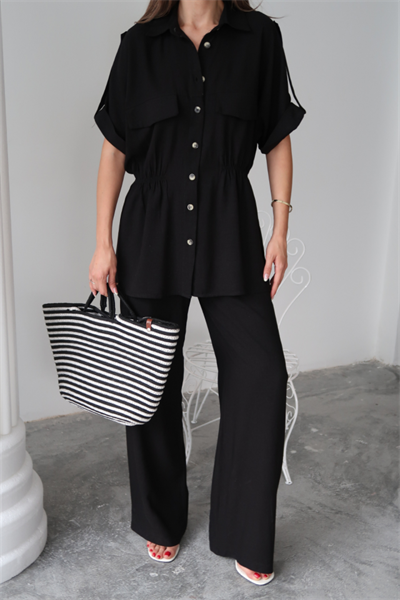 KETEN BELDEN BÜZGÜ DETAYLI GÖMLEK - PANTOLON TAKIM - Siyah