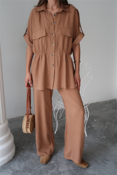 KETEN BELDEN BÜZGÜ DETAYLI GÖMLEK - PANTOLON TAKIM - Kahverengi